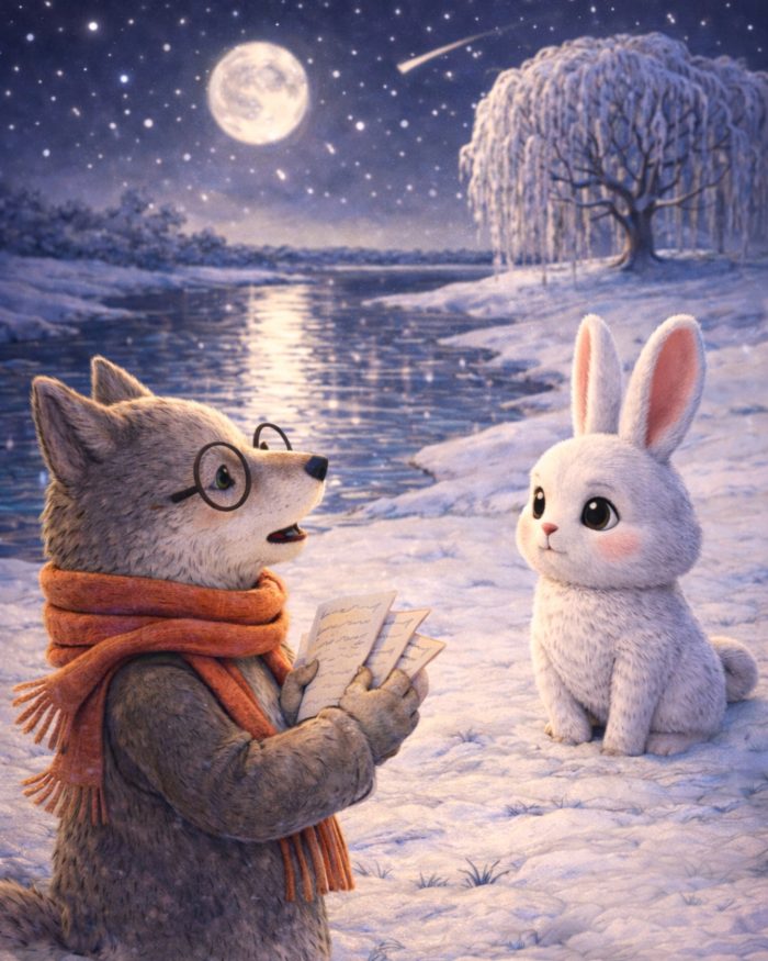 mIA E TEO L'ULTIMO GIORNO DELL'ANNO: TEO IL LUPO CON LA SUA SCIARPA AVVOLTA AL COLLO E GLI OCCHIALI ROTONDI RECITA AD ALTA VOCE I VERSI DELLA POESIA CHE HA SCRITTO PER MIA MENTRE CAMMINA. SULLO SFONDO LA LUNA UN SALICE E IL CIELO BLU CHE SI RIFLETTE SUL FIUME