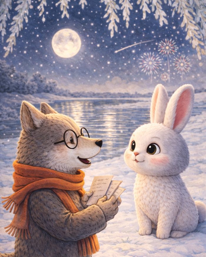 mIA E TEO L'ULTIMO GIORNO DELL'ANNO: TEO IL LUPO CON LA SUA SCIARPA AVVOLTA AL COLLO E GLI OCCHIALI ROTONDI INSIEME A MIA SOTTO IL SALICE. SULLO SFONDO LA LUNA, FUOCHI D'ARTIFICIO, UNA STELLA CADENTE E IL CIELO BLU CHE SI RIFLETTE SUL FIUME