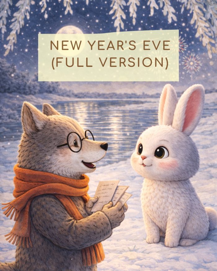 mIA E TEO L'ULTIMO GIORNO DELL'ANNO: NEW YEAR'S EVE TEO IL LUPO CON LA SUA SCIARPA AVVOLTA AL COLLO E GLI OCCHIALI ROTONDI INSIEME A MIA SOTTO IL SALICE. SULLO SFONDO LA LUNA, FUOCHI D'ARTIFICIO, UNA STELLA CADENTE E IL CIELO BLU CHE SI RIFLETTE SUL FIUME