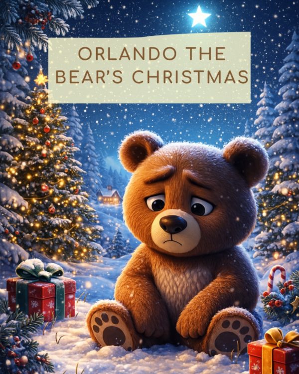 Orlando the bear's christmas . il natale di Orso Orlando, seduto solo in un'atmosfera natalizia con alberi di natale, lucine, neve e pacchi ragalo, mentre si guarda i piedi e pensa