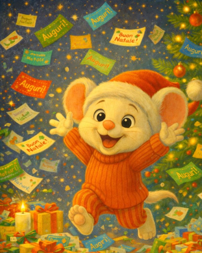 Topolino che salta in mezzo ad un caos di bigliettini di auguri colorati