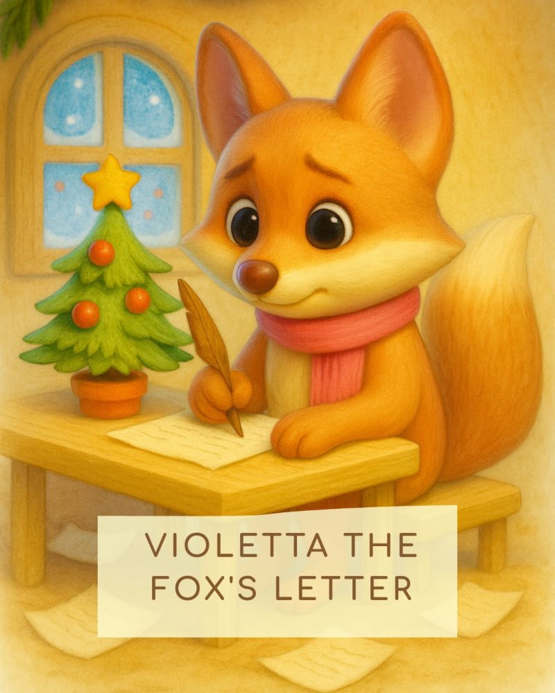 La letterina di volpe violetta - Violetta the fox's letter -  Volpe violetta alla sua scrivania di legno che scrive la sua letterina. Sul tavolo un alberello di natale decorato, per terra lettere accartocciate, dietro una finestra da cui si vede la neve cadere piano