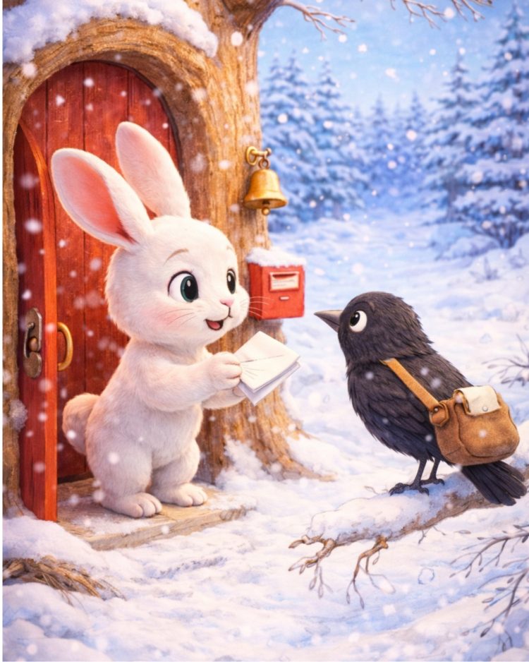 AMICI PER PATTINARE, CERCASI! eUGENIO IL BIANCO CONIGLIETTO AFFIDA IL MESSAGGIO A COSIMO IL MERLO, IL POSTINO DEL QUARTIERE CON LA BORSA DI CUOIO. SULLO SFONDO IL BOSCO INNEVATO, E DIETRO EUGENIO LA PORTICINA ROSSA DELLA CASA DI EUGENIO