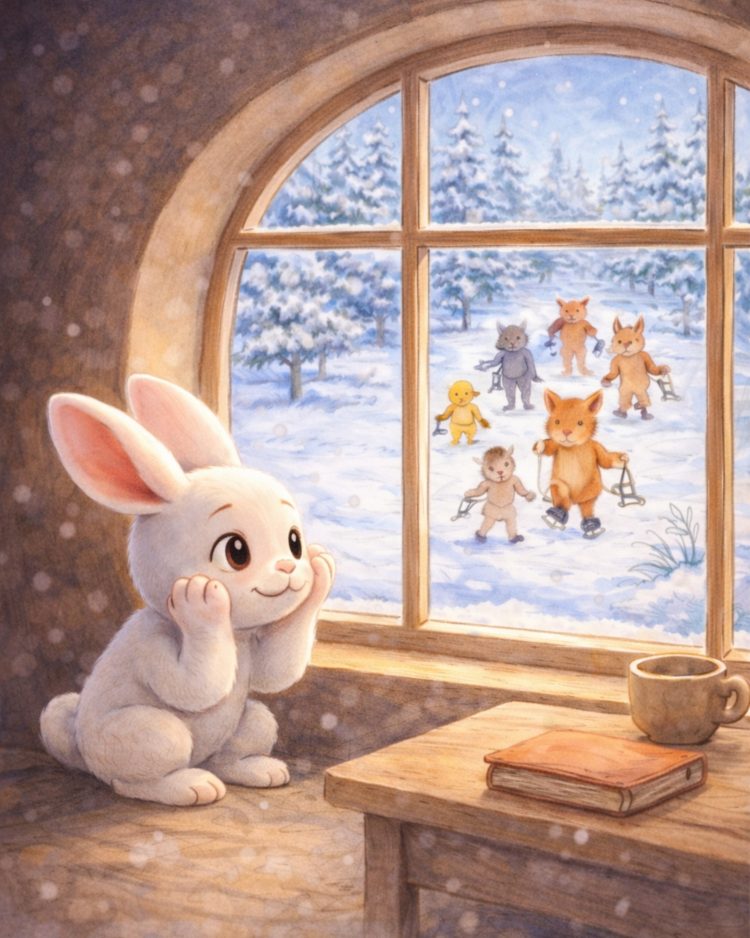 AMICI PER PATTINARE CERCASI - IL CONIGLIETTO EUGENIO PIENO DI DUBBI è SEDUTO DAVANTI ALLA FINESTRA E VEDE DELLE SAGOME CHE ARRIVANO CON I PATTINI IN MANO