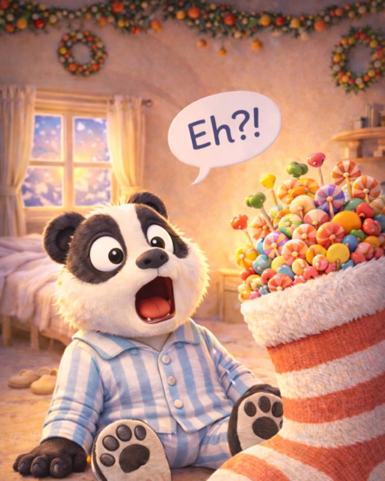 Buongiorno signora befana - Tasso Taddeo in pigiama righe appena sveglio, nella sua camera, con espressione molto sorpresa, davanti a una grande calza a righe bianche e rosse piena di dolci colorati