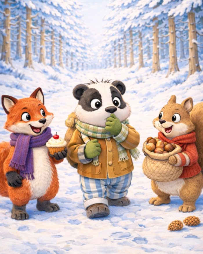 BUONGIORNO SIGNORA BEFANA - TASSO TADDEO CHE CAMMINA NEL BOSCO INNEVATO CON LO SCOIATTOLO SANDRO E VOLPE VIOLA UN PO' PENSIEROSO. TASSO TADDEO INDOSSA UNA GIACCHETTA MARRONE, UNA CALDA SCIARPA A QUDRI E UN PAIO DI GUANTI VERDI. vOLPE VIOLA HA UNA SCIARPA VIOLA E SCOIATTOLO SANDRO UNA BRILLANTE SCIARPA ROSSA