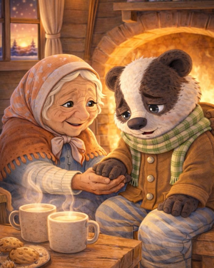 BUONGIORNO SIGNORA BEFANA - TADDEO A CASA DELLA BEFANA DAVANTI A UNA TAZZA DI LATTE CALDO. aCCANTO LA BEFANA, UNA VECCHIETTA DOLCE, UN Pò RUGOSA CON UNO SCIALLE ROSSO E UN FAZZOLETTO LEGATO SUI CAPELLI CANDIDIDI. SULLO SFONDO UN CAMINETTO SCOPPIETTANTE CHE DIFFONDE CALORE E ACCOGLIENZA