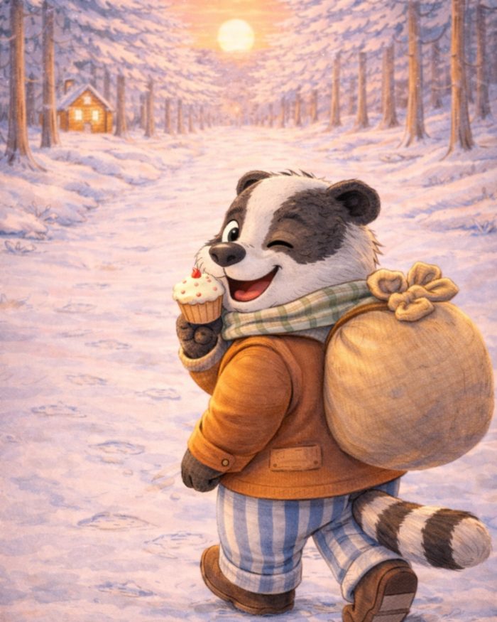 BUONGIORNO SIGNORA BEFANA - TADDEO SULLA STRADA DI CASA CON IL SUO ZAINETTO PIENO DI DOLCI MENTRE SORRIDE MANGIANDO UN DOLCETTO. L'ATMOSFERA E' QUELLA DEL TRAMONTO CON UNA LUCE ROSATA CHE AVVOLGE E TINGE LA NEVE. SULLO SFONDO LA CASA ILLUMINATA DELLA BEFANA