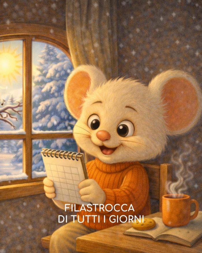 filastrocca di tutti i giorni - topolino nel suo maglioncino rosso seduto a ccanto alla finestra, fuori un paesaggio invernale con un bel sole, accanto un tavolo con una tazza di cioccolata rossa e fragranti biscotti. in mano un calendario con giorni tutti uguali