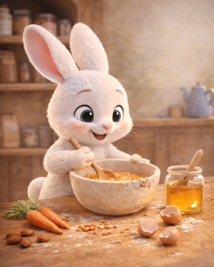 CARNEVALE SENZA DOLCETTI - EUGENIO IN CUCINA CHE IMPASTA  I BISCOTTI NELLA CIOTOLA DELLA NONNA. SUL TAVOLO TUTTI GLI INGEREDIENTI: CAROTE MANDORLE UOVA MIELE CANNELLA E FARINA