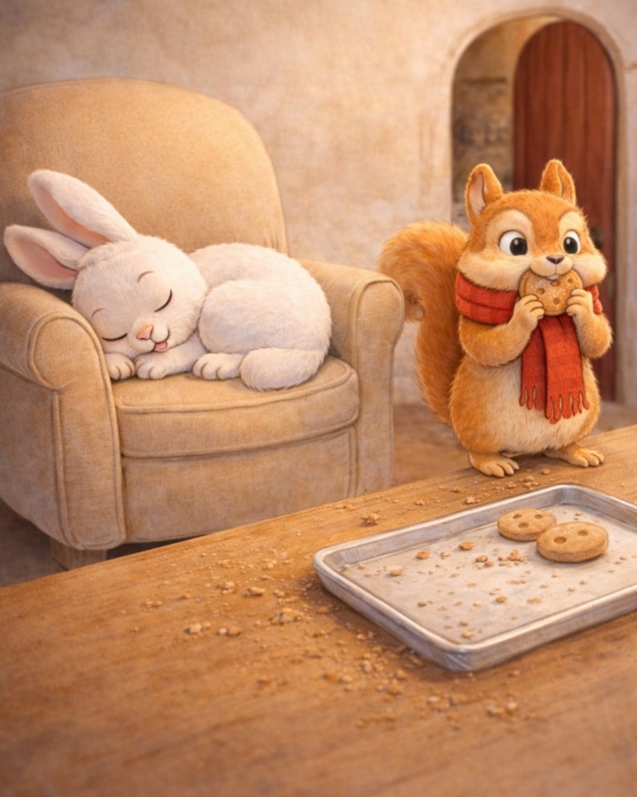 CARNEVALE SENZA DOLCETTI - EUGENIO SULLA POLTRONA CHE DORME E ARTURO LO SCOIATTOLO CON LA SUA SCIARPA ROSSSA CHE MANGIA UN BISCOTTO. IN PRIMO PIANO IL VASSOIO QUASI VUOTO E TUTT'INTORNO TANTE BRICIOLE