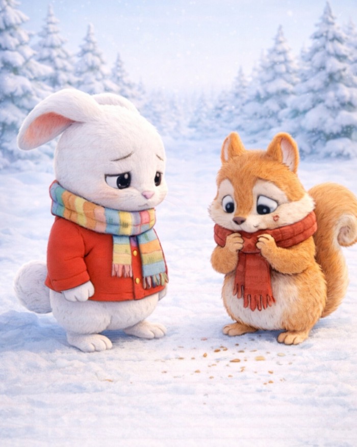 CARNEVALE SENZA DOLCETTI - ARTURO LO SCOIATTOLO CHIEDE SCUSA A EUGENIO IL CONIGLIETTO SCONSOLATO. SULLO SFONDO IL BOSCO INNEVATO