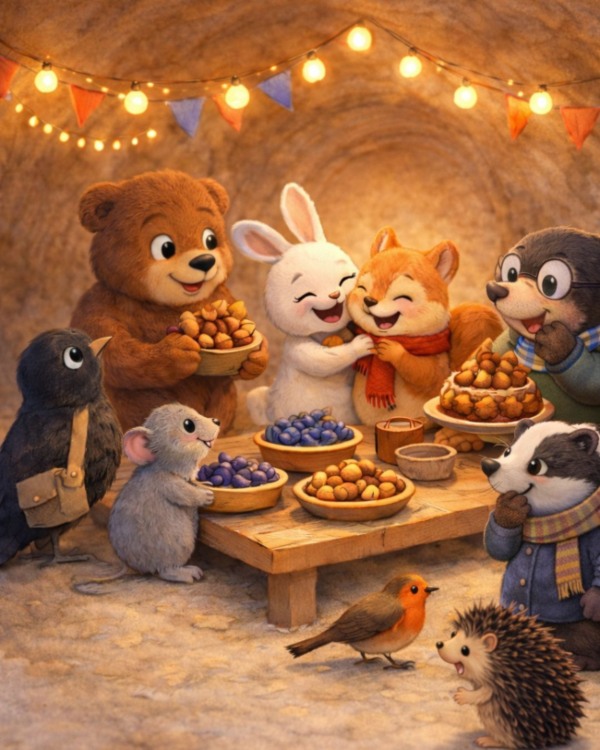 CARNEVALE SENZA DOLCETTI - LA FESTA DI CARNEVALE CON TANTI PIATTI IMPROVVISATI E TUTTI GLI ANIMALI DEL BOSCO PRESENTI NELLA TANA DI EUGENIO IL CONIGLIO. CI SONO IL TASSO, IL RICCIO, IL MERLO COSIMO, L'ORSO CAMILLO, IL TOPOLINO E IL PETTIROSSO. E NATURALMENTE EUGENIO E ARTURO