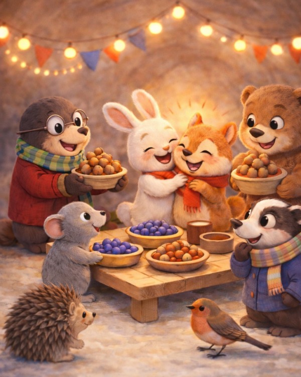 CARNEVALE SENZA DOLCETTI - LA FESTA DI CARNEVALE CON ORSO CALMILLO, IL MERLO COSIMO, TASSO TADDEO IL RICCIO IL TOPOLINO IL PETTIROSSO E VOLPE VIOLETTA TUTTI INTORNO AL TAVOLO CON PIATTI IMPROVVISATI E BELLISSIMI