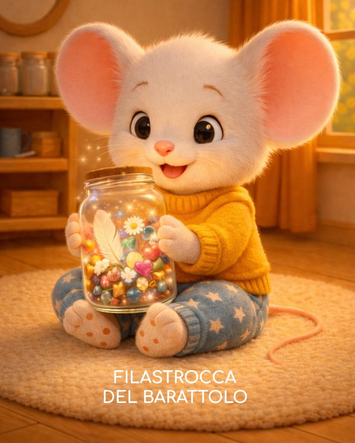 FILASTROCCA DEL BARATTOLO - TOPOLINO CON IL SUO MAGLIONCINO GIALLO SEDUTO PER TERRA CON UNA GRANDE BARATTOLO PIENO DI PICCOLI OGGETTI COLORATI, RICORDI, UNA OIUMA BIANCA