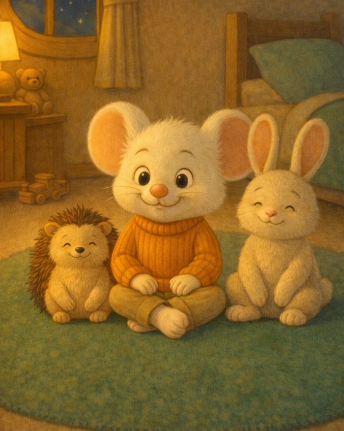 FILASTROCCA DEL FAR NIENTE - TOOLINO CONIGLIETTO E RICCIO SEDUTI SUN UN TAPPETO VERDE MORBIDO NELLA CAMERETTA DI tOPOLINO CHE NON FANNO NIENTE MA SONO SORRRIDENTI E RILASSATI