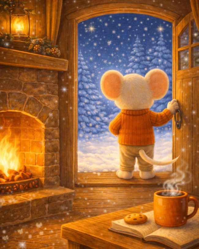 FILASTROCCA DELL'INVERNO - TOPOLINO SULLA PORTA CON IL SUO MAGLIONCINO ROSSO CHE QURDA FUORI MENTRE NEVICA . IN PRIMO PIANO L'INTERNO DELLA CASA CON UN BEL CAMINETTO CHE SCOPPIETTA