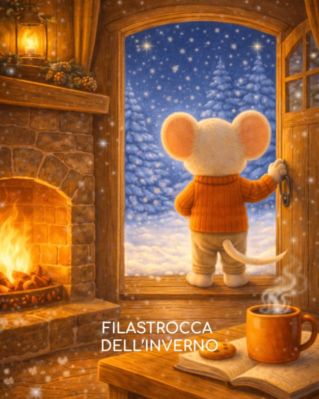 FILASTROCCA DELL'INVERNO - TOPOLINO SULLA PORTA CON IL SUO MAGLIONCINO ROSSO CHE QURDA FUORI MENTRE NEVICA . IN PRIMO PIANO L'INTERNO DELLA CASA CON UN BEL CAMINETTO CHE SCOPPIETTA