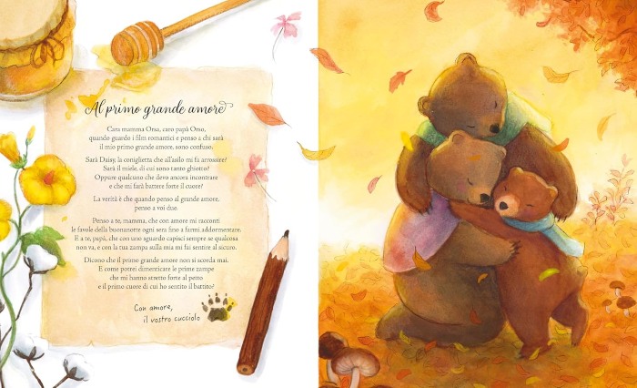 lettere d'amore: la lttera al primo gende amore di un orsetto. La famiglia riunita in un abbraccio su uno sfondo giallo sole e colori autunnali