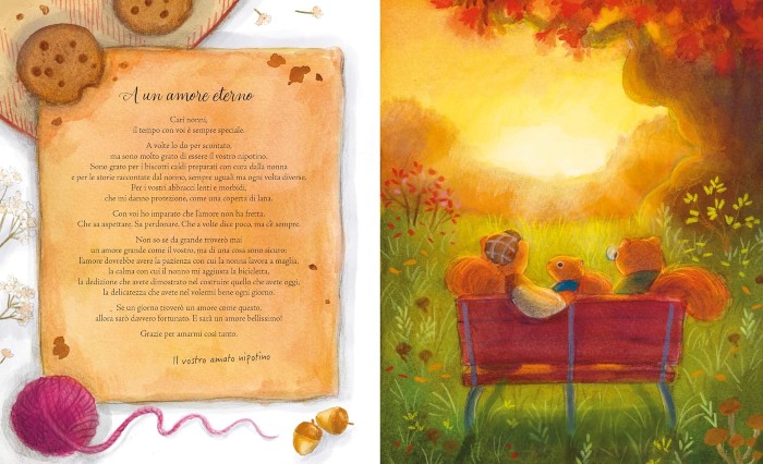 lettere d'amore: immagine di un nonno, nonna e nipotino scoiattolini seduti su una panchina sotto una grande quercia mentre guardano il tramonto.