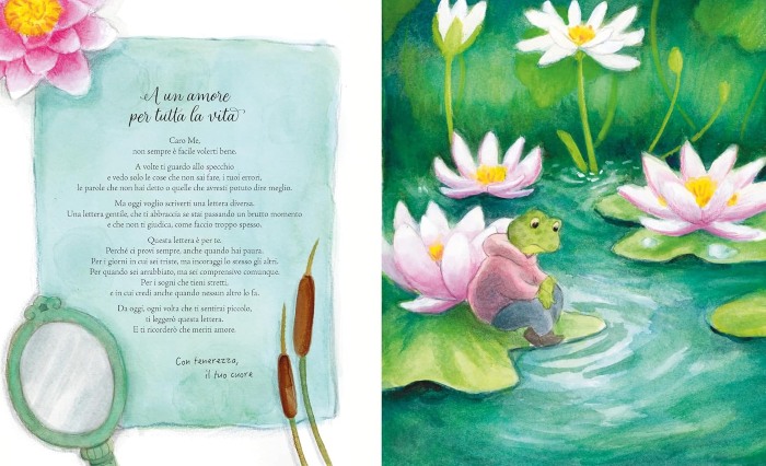 lettere d'amore, lettera d'amore di una ranocchia ase stessa. la ranocchia seduta su una grande foglia di loto appoggiata al fiore con un'espressione un pò triste. colori dell'acqua versi, bianchi e rosa pallidi per un laghetto che sa di magia