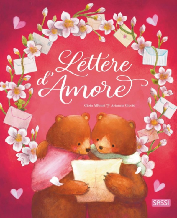 copertina del libro lettere d'amore di gioia alfonsi: 2 orsetti vicini che leggono una lettra dietro un ghirlanda di fiori bianchi e piccole lettrine. tutto su sfondo rosso - illustrazione di arianna cicciò