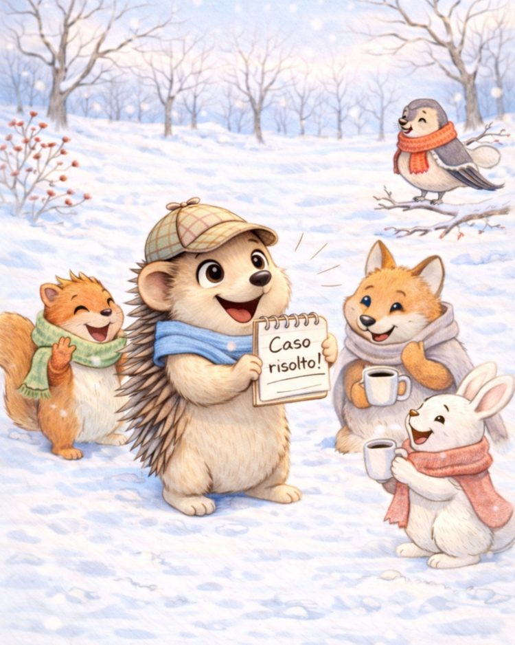 ma che cos'è l'inverno? Amedeo il riccio detective insieme ai suoi amici del bosco con il taccuino su cui ha scritto "caso risolto!"