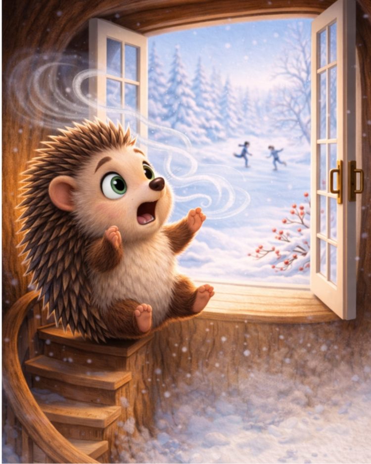 Ma che cos'è l'inverno' Amedeo il riccio si è svegliato e dalla finestra vede neve e il laghetto ghiacciato dove qualcuno pattina