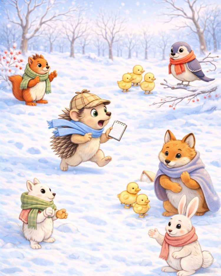 ma che cos'è l'inverno? Amedeo il riccio vestito da detective interroga il coniglio, la volpe, il pettirosso e loscoiattolo. Anche gli anatroccoli.