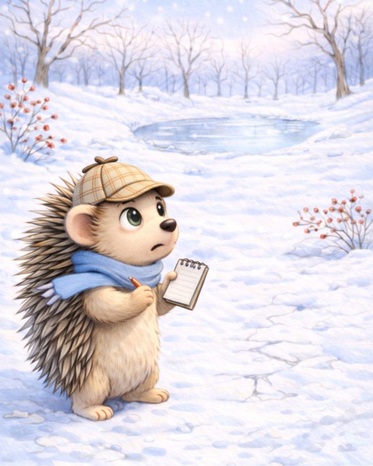 ma che cos'è l'inverno? Amedeo il riccio detective annota tuti gli indizi sul suo taccuino