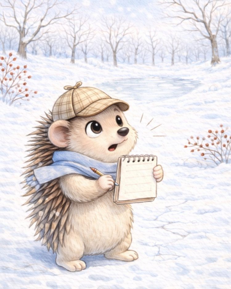 ma che cos'è l'inverno? Copertina della fiaba con Amedeo il riccio detective con sciarpa e cappello da detective, taccuino e penna nellla radura innevata. Alle spalle il laghetto ghiacciato
