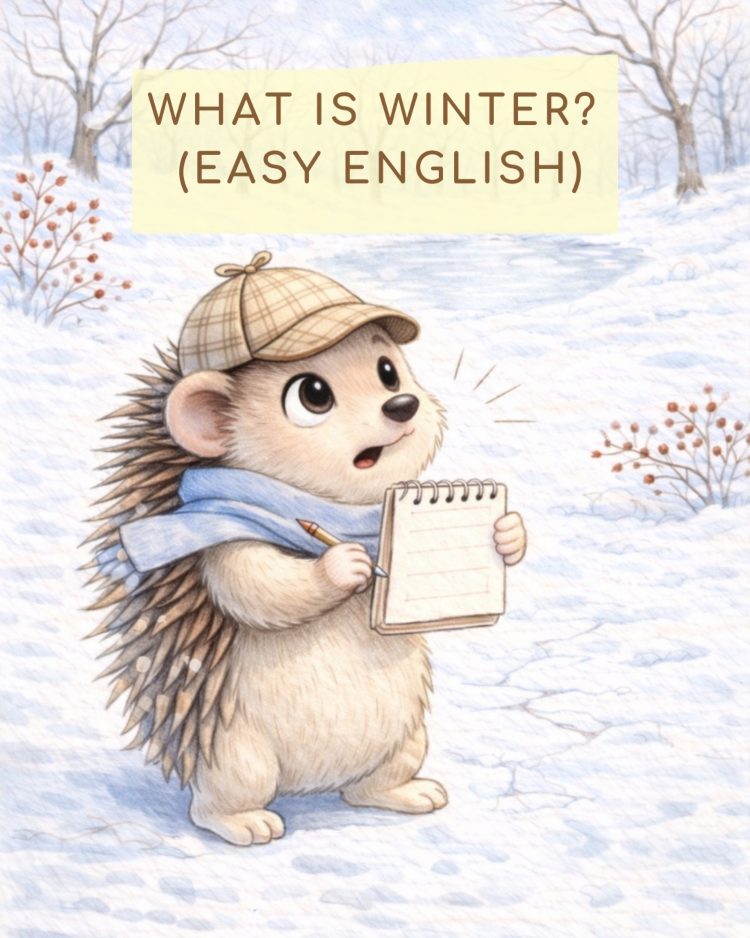 ma che cos'è l'inverno? - WHAT IS WINTER - EASY ENGLISH: Copertina della fiaba con Amedeo il riccio detective con sciarpa e cappello da detective, taccuino e penna nellla radura innevata. Alle spalle il laghetto ghiacciato