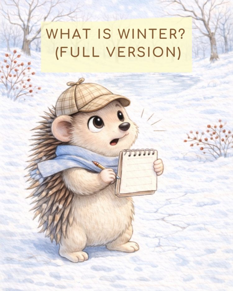 ma che cos'è l'inverno? - WHAT IS WINTER - FULL VERSION: Copertina della fiaba con Amedeo il riccio detective con sciarpa e cappello da detective, taccuino e penna nellla radura innevata. Alle spalle il laghetto ghiacciato