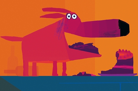 OH NO GEORGE: GEORGE CHE GURDA INTERESATO A QUALCOSA, PRONTO PER FARE UN'ALTRA MARACHELLA COLORI SHOCKING CHE VANNO DALL'OTTANIO AL VIOLA SU SFONDO ARANCIONE PIENO