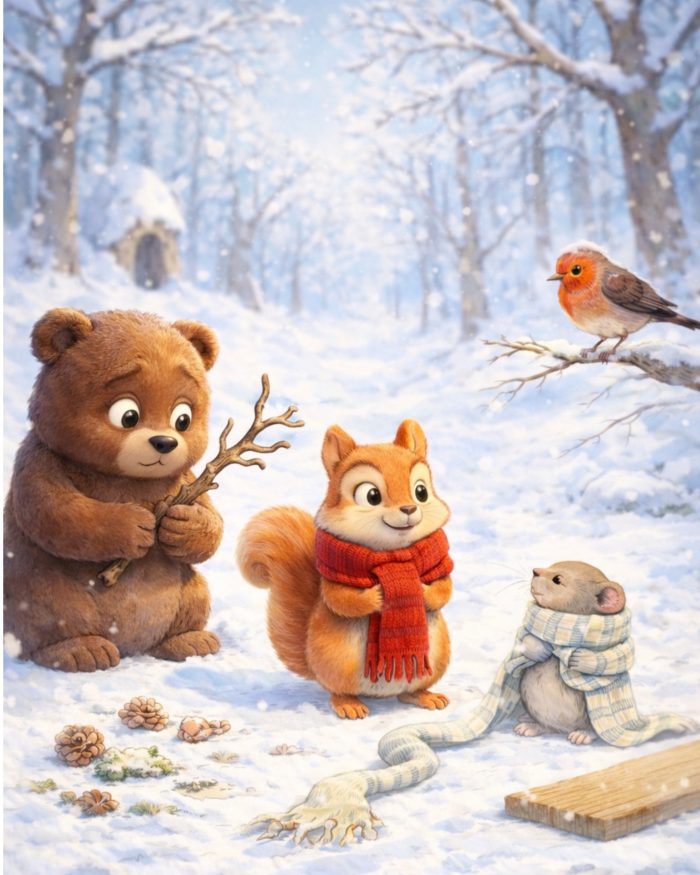 TUTTO PUO' SEMPRE TORNARE UTILE - ARTURO COIATTOLO DONA UN RAMO A ORSO, UN SCIARPA LUNGHISSIMA A TOPOLINO E UNA TAVOLA DI LEGNO AL PETTIROSSO. SULLO SFONDO IL BOSCO INNEVATO. 