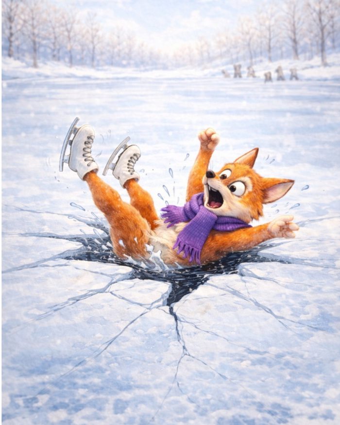 TUTTO PUO' SEMPRE TORNARE UTILE - VOLPE VIOLETTA CON LA SUA SCIARPA VIOLA E I PATTINI AI PIEDI PRECIPITA IN UN GRANDE BUCO NEL LAGHETTO GHIACCIATO