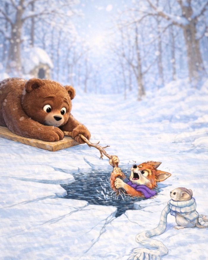 TUTTO PUO' SEMPRE TORNARE UTILE - ORSO CON IL BASTONE, VOLPE VIOLETTA CHE SI AGGRAPPA CON TUTTE LE SUE FORZE IMMERSA NELL'ACQUA DEL LAGO GHIACCIATO
