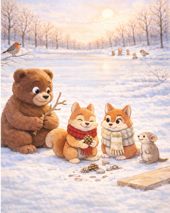 TUTTO PUO' TORNARE UTILE - ORSO CON IL RAMO, VOLPE CON LA SCIARPA CHE LA AVVOLGE, TOPOLINO E PETTIROSSO SULLA RIVA  CON SCOUATTOLO CHE RACCOGLIE PIGNE.