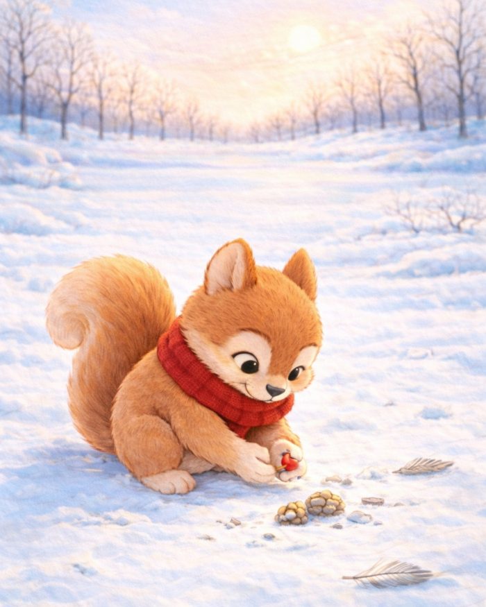 TUTTO PUO' ESSERE SEMPRE UTILE ARTURO LO SCOIATTOLO NEL BOSCO INNEVATO CON LA SCIARPA ROSSA CHE RACCOGLIE BACCHE E ALTRE COSE APPARENTEMENTE INUTILI