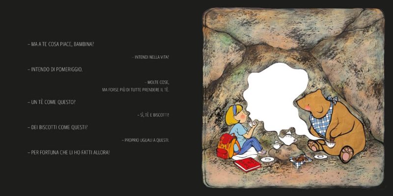 UN POMERIGGIO DI UFFA CHE NOIA DIVENTA UN MOMENTO IN CUI ORSO E LA BAMBINA CHIACCHERANO PIACEVOLMENTE BEVENDO TE E MANGIANO BISCOTTI A CASA DELL'ORSO