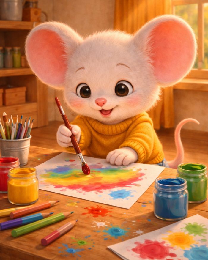 filastrocca dei colori: Topolino gioca a mescolare i colori creando un meraviglioso arcobaleno su un foglio bianco