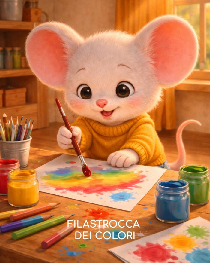 filastrocca dei colori: Topolino gioca a mescolare i colori creando un meraviglioso arcobaleno su un foglio bianco