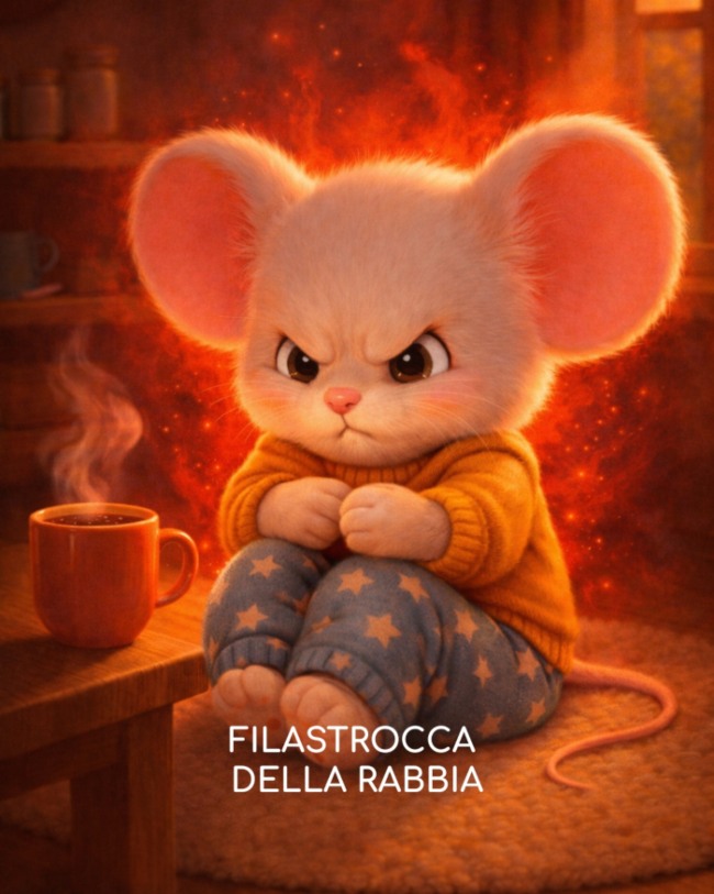 COPERTINA FILASTROCCA DELLA RABBIA. TOPOLINO SEDUTO PER TERRA CON UN'ESPRESSIONE MOLTO ARRABBIATA E UN COLORE ROSSO FUOCO CHE LO AVVOLGE. SUL TAVOLOIN PRIMO PIANO UNA TAZZA DI CIOCCOLATA FUMANTE.