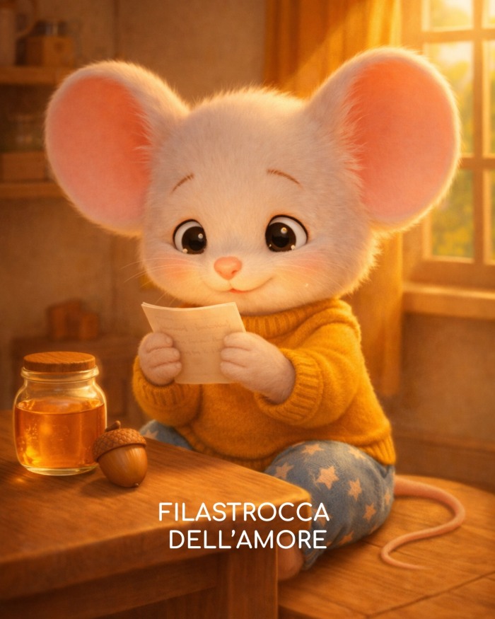 FILASTROCCA DELL'AMORE: tOPOLINO CON UN BIGLIETTO IN MANO MENTRE LEGGE. sUL TAVOLO MIELE E UNA GHIANDA. aMBIENTE MOLTO CALDO E LUMINOSO.