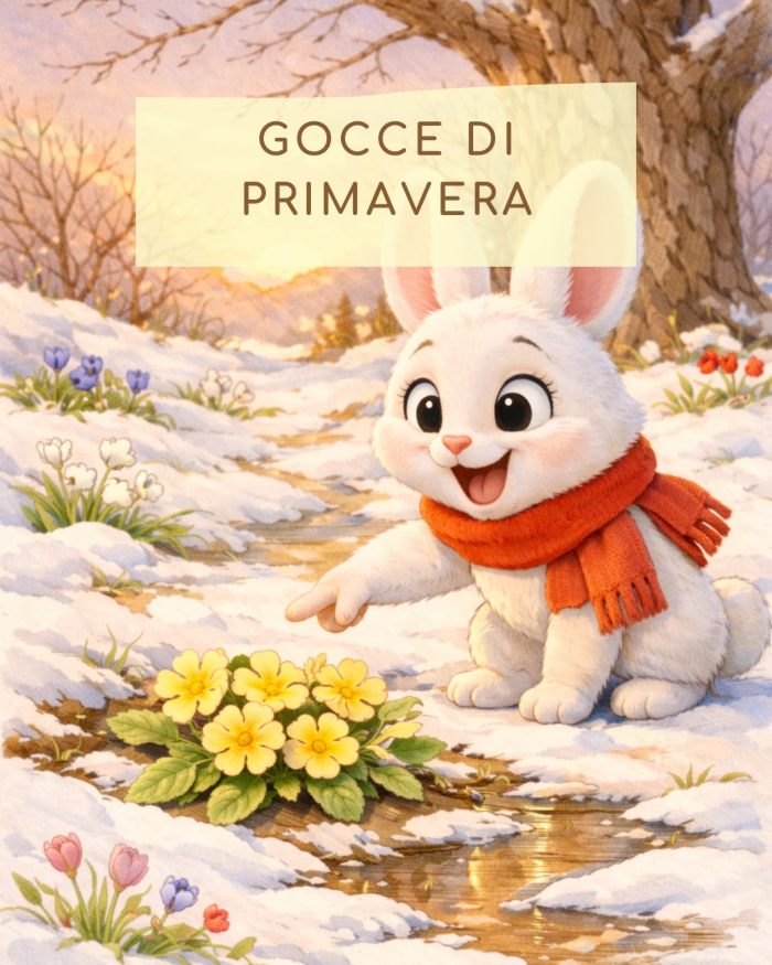 copertina della storia gocce di primavera con lepre mia che indica una macchia gialla di primule in mezzo alla neve