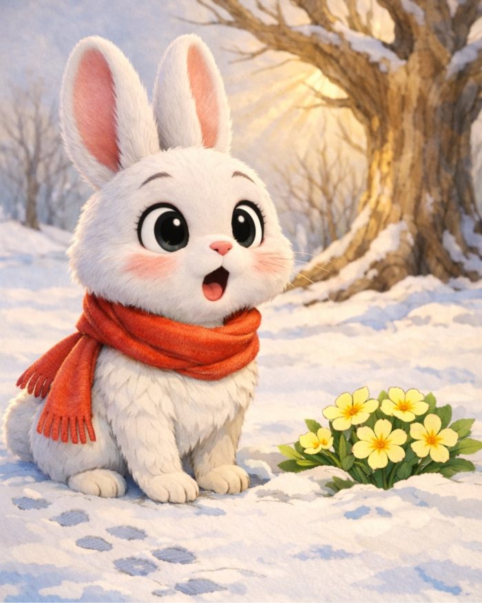 gocce di primavra: Lepre Mia, con la sua sciarpa rossa ben stretta intorno al collo, stupita davanti a un mazzo di primule gialle perfette xìche spuntano dalla neve