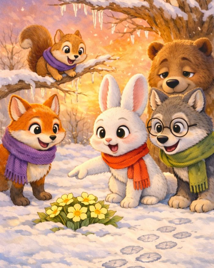 Lepre mia, lupo teo, volpe violetta, scoiattolo arture e orso orlando guardano le bellissime primule le prime gocce di primavera