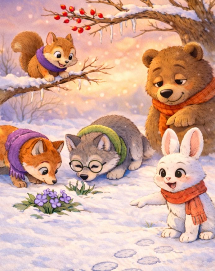 Volpe violetta, Lupo Teao, Orso Orlando e scoiattolo arturo con Mia trovano violette crochi, erbetta e germogli: altre bellissime gocce di primavera