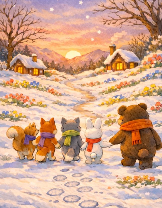 lepre mia, scoiattolo arturo, lupo teo. volpe violetta e ordo orlando di spalle mentre tornao a casa attravverso il bosco innevato ma pieno di colorate gocce di primavera