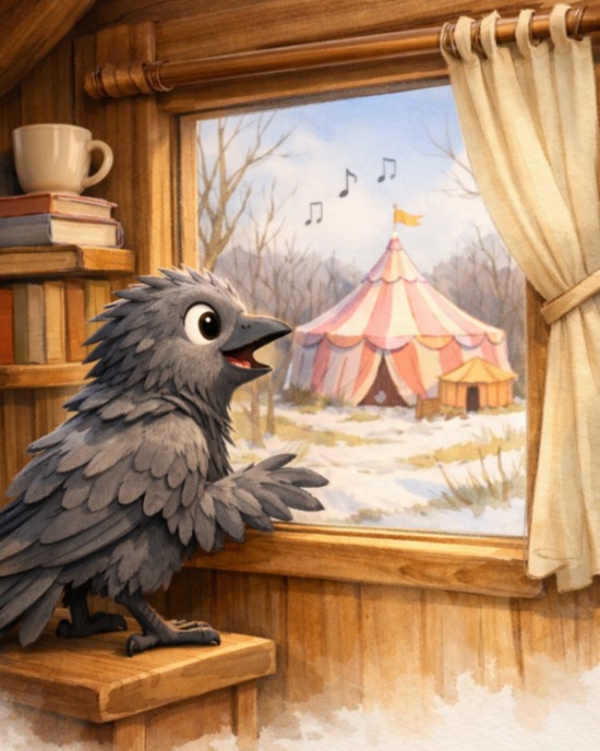 Cornacchia chiara alla finestra vede il tendone del circo della mezzaluna. sullo sfondo il bosco invernele ancora innevato ma che si sta risvegliando